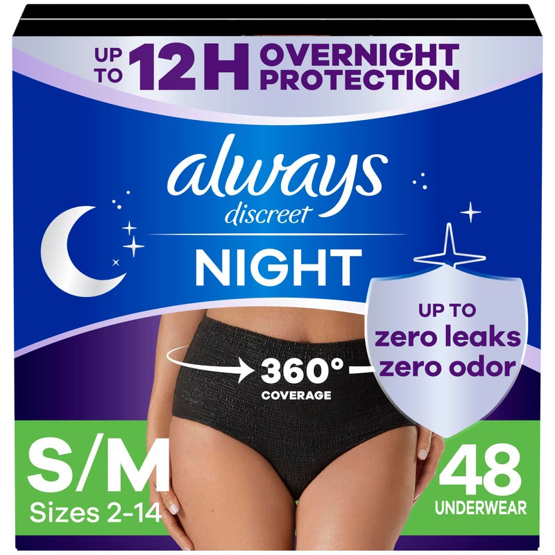 Always Discreet Adult Incontinence Overnight Underwear for Women SmallMedium Up to 100 Bladder Leak Protection 48 Count 3 Packs of 16